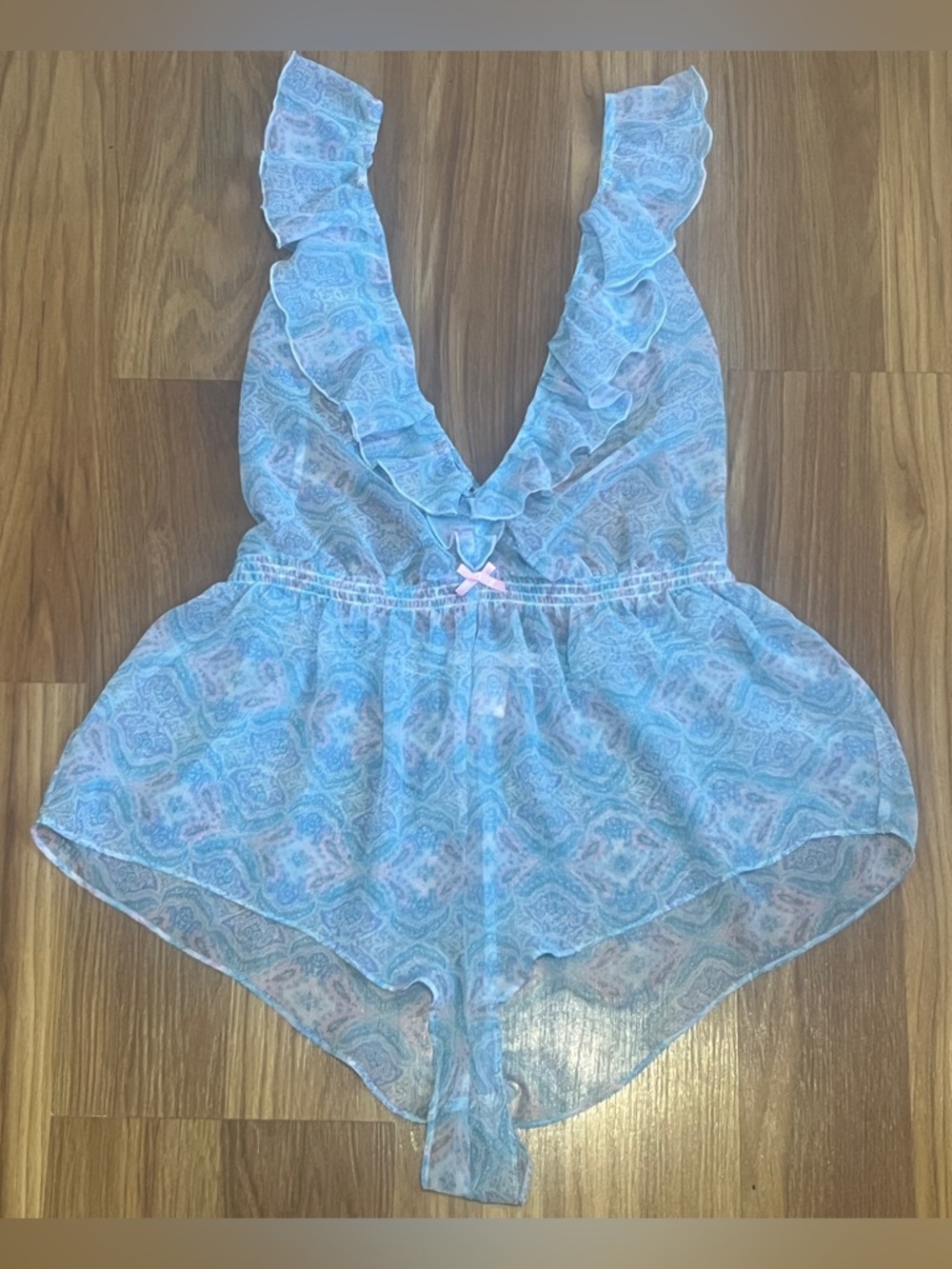 Victoria's Secret Sheer Ruffle Romper Teddy - Blue Paisley Floral Size M Rare